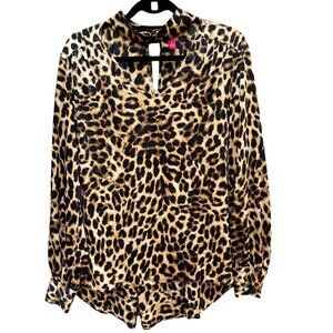 Vince‎ Camuto Blouse Leopard Print Long Sleeve Keyhole Neck Career Mob Wife M